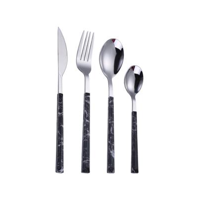 China Viable Hot Selling Classic Postman Flatware Spoon Fork Marble Design Stainless Steel Stainless Steel Cutlery Set With Plastic Handle for sale