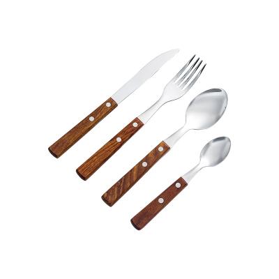 China Sustainable Hot Selling Flatware Spoon Fork Knife Classic Stainless Steel Business Wooden Plastic Cutlery Set Plastic Handle for sale