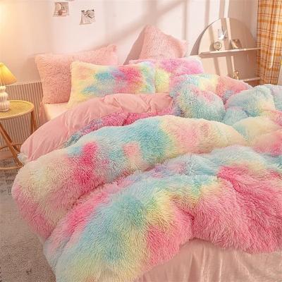 China Nondisposable Ultra Soft Long Shaggy Duvet Cover Colorful Hair Tie Dye Velvet Comforter Set Bedding Set for sale