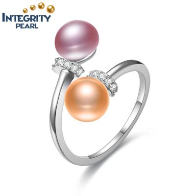 China FASHIONABLE 925 Sterling Silver Hot Selling Natural freshwater pearl double opening Ring Simple Temperament Elegant Women's pearl jewelry for sale