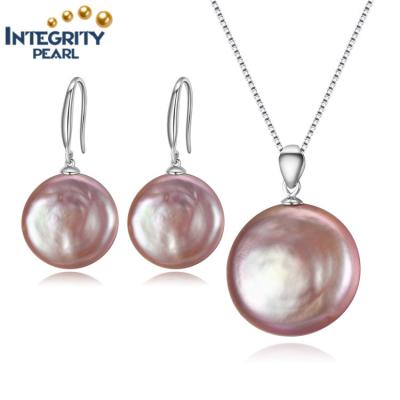 China TRENDY Pink Lavender Color 16mm Pink Color Coin Pearl Necklace And Earring Set Large Size Hawaii Pearl Necklace Jewelry Women Sets for sale