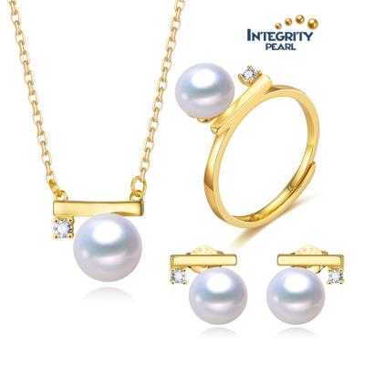 China TRENDY 925 Sterling Silver Gold Plated Earring Pendant Ring Set 3 Piece Genuine Quality Real Freshwater Pearl Jewelry Set for sale