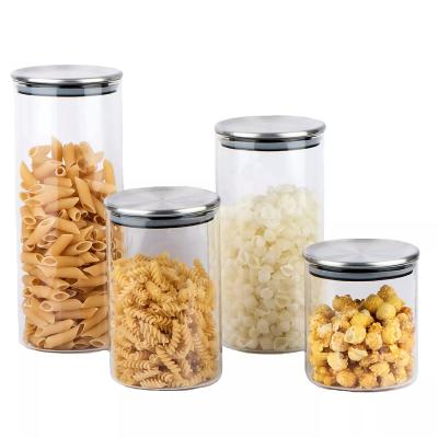 China Sustainable Food Glass Storage Jars with Stainless Steel Lid for Serving Tea Coffee Flour Sugar Candy Cookie Spice Food Canister for sale