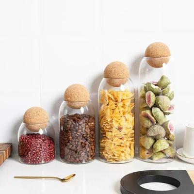 China Sustainable Round Food Glass Storage Jars with Cork Ball for Serving Dried Fruit, Candy, Coffee Borosilicate Food Canister for sale