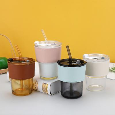 China Lip Glass Reusable Coffee Mug with Heat Resistant Leather Wrap Water Cup with Straw and Leakproof Lid Tumbler for sale