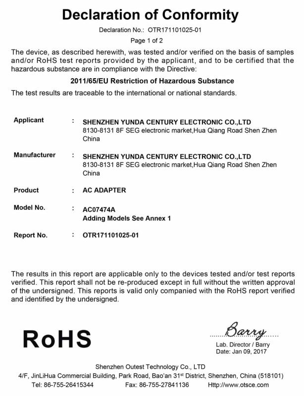 RoHS - Shenzhen Yunda Century Electronic Co., Ltd.