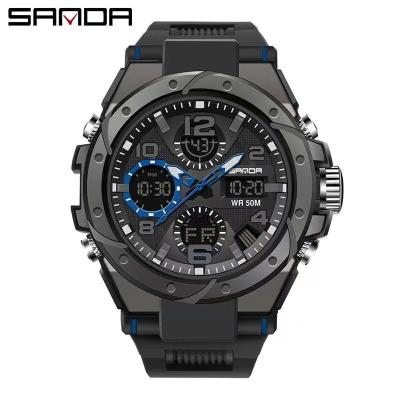 China Sanda Men Sport fashion Wristwatch Japanese Quartz Movement Watches Waterproof 3 ATM Black Silicon Strap for sale