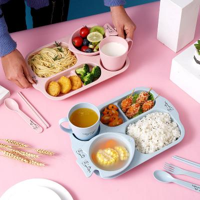 China Anti-drop Merendeira Infantil, Kindergarten Freshness Preservation Caja De Almuerzo Wheat Straw Children Dish Bowl Cup Set Canteen With Cutlery Sets for sale