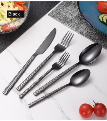 China Stocked Kitchen Black Metal Silverware 5 Pcs Gold Dinner Knife Spoon Fork Flatware Set Stainless Steel for sale