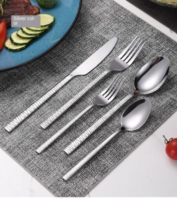 China Hot Sale Hotel Stocked Fine Silverware Flatware Set Stainless Steel Striped Handle Western Cutlery Set for sale