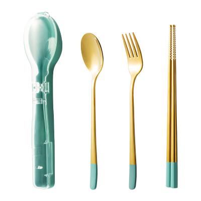 China Hot Selling Luxury Gold Stainless Steel Fork Chopsticks Spoon Portable Silverware Flatware Travel Cutlery Dinnerware Set of 3 for sale