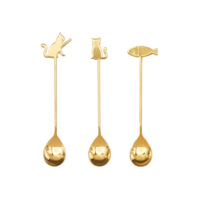 China Cartoon 304 Stainless Steel Cat Fish Spoon Tableware Flatware Gold Viable Coffee Stirring Ice Cream Spoon Dessert Cake Cutlery Set for sale