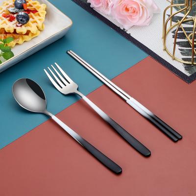 China Viable Flatware Spoon Fork Chopsticks Gradient Color Serving Camping Vacation Portable Cutlery Set 3 Stainless Steel With Box for sale