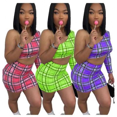 China Fashionable Design Plaid Printing One-Shoulder Crop Skirt Top Two-Piece Set Sexy Women Summer Viable Hot Selling Mini Skirt Top Two-Piece SetHigh for sale