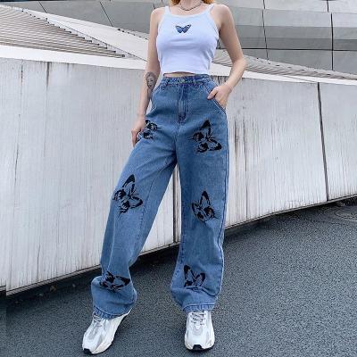 China 2020 new style fashion women jeans girls casual pants breathable loose straight tube butterfly printing high waisted slim jeans for sale