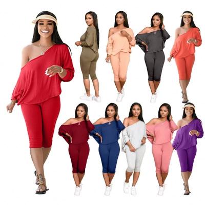 China Casual Solid Color Ladies Clothing Set Women Breathable Two Piece Sleeve Drop Slash Neck Long Plus Size Women 2 Piece Sets for sale