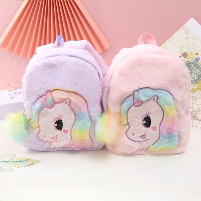 China Fashionable School Backpack 2021 Durable Plush Faux Fur Women Unicorn Shoulder Bags School Backpack Princess Toddler Kids Mini Unicorn Plush Backpack for sale