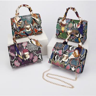 China Hot Sell Fashion New Fashion Small Vintage Snake Pattern Colorful Graffiti Bags Luxury Silk Scarf Women Handbag for sale