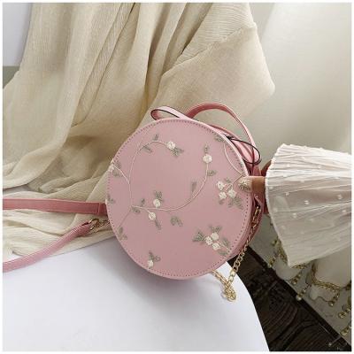 China Lovely fashion mini bags pinch shoulder leather round handbag for women girls with lace embroidery decoration for sale