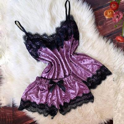 China Sexy QUICK DRY Lace Velvet One Piece Pajamas Suits Woman Sleepwear Pajamas Set For Ladies for sale