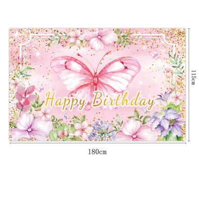 China Custom Floral Themed Party Decorative Oriented Porch Butterfly Banner Background Outdoor Advertising Display Birthday Hanging Flag for sale