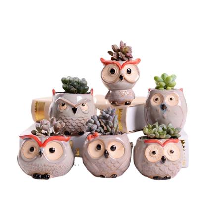 China Wholesale Nursery Decor Wholesale Garden Promotion Flower Pot Planter Ceramic Garden Drain Hole Supplies Air Animal Owl Succulent Planters for sale