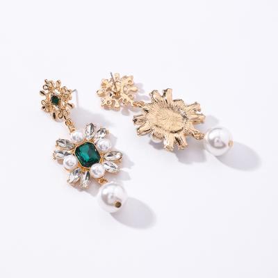 China Fashionable Retro INS Diamond Cross Diamond Cross Earrings Hot Baroque Green Crystal Pearl Long Earrings for sale