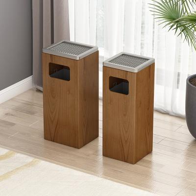 China Sustainable Trash Cans For Hotel Floor Hotel Lobby Trash Bin Hotel Lobby Solid Wood Trash Can With Lid And Ashtray for sale