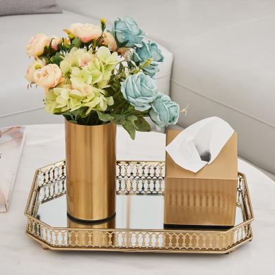 China European Round Metal Cake Dessert Tray Light Gold Wrought Iron Glass Mirror Decoration Storage Trays Viable Home Decor European for sale