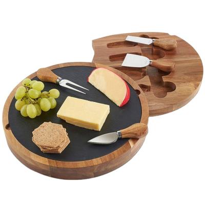 China Viable Round Bamboo Acacia Chopper Cheese Deli Tray Serving Tray Board Cutlery Set Chopper Kitchen for sale