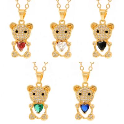 China Cute Girl Necklace Cartoon Style Cute Bear Shape 18K Gold Bling Crystal Beads No Fading CZ Pendant for sale