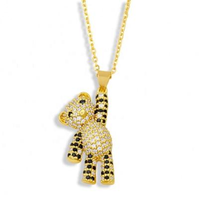 China Fashion Cartoon Design Black Crystal Bear Pendant Necklace Copper White Gold Plated Box Chain Charm Girl for sale