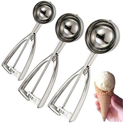 China Viable Mechanical Ice Cream Scoop Stainless Steel Easy Trigger Fruit Cookie Scoop Set 3pcs/set for sale