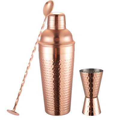 China Hammered Cocktail Shaker Set 3pcs Measuring Jigger Cup Bar Spoon Copper Bar Accessories Gift for sale