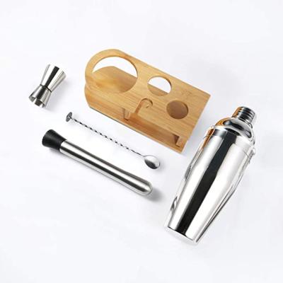 China 2021New Stainless Steel Sustainable Cocktail Shaker Set With Wooden Stand for sale