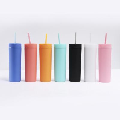 China Factory 16oz Double Wall Cup Car Plastic Portable Sports Water Sustainable Straight Rubber Paint Straw Cup for sale