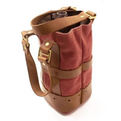 China Wine Cotton Canvas With Leather Chestnut Trim Wine Glass Travel Holder Bag for sale