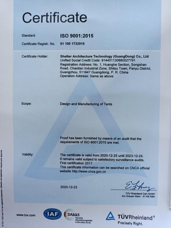 ISO9001 - Shelter Architecture Technology(Guangdong) Co., Ltd.