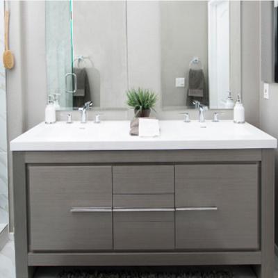 China Environmental Friendly Wholesale Price One Set Top Lighted Waterproof Gray Double Sink Mirror Bathroom Vanity for sale