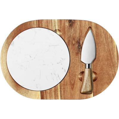 China Sustainable Bamboo cheese board  Christmas Acacia White Marble and Cheese Knife Oval Wooden Cheese Board Set for sale