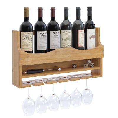 China Sustainable Multifunctional Wall Mounted Wine Rack Bamboo Wine Rack with 6 Glass Holder and Wine Storage Display Shelf for Kitchen for sale