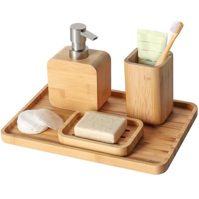 China Sustainable 4Pcs Handmade Bamboo Sink & Bathroom Accessory Sets Retro Set, Natural, Soap Dish Holder for Shower for sale