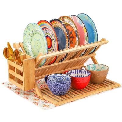 China Sustainable Multifunctional 3 layer bamboo dish rack drainer with tableware rack bamboo dish drainer rack for sale