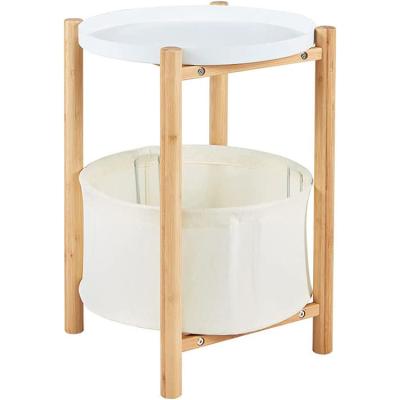 China Contemporary Bamboo Round End Table with Storage Basket and Metal Tray Top for Living Room End Table Bedroom Nightstand Tab for sale