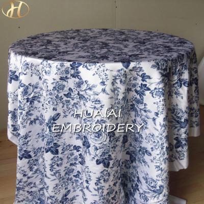 China Custom Modern French Navy Blue and Dusty White Floral Printed Tablecloth DURABLE 60inch Round Table Cloths for sale