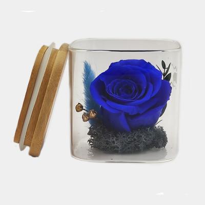 China Wholesale Home Decoration Preserved Eternal Flower Mini Bottle Candle Glass Gift Mason Rose Jars With Decoration and Wooden Lid for Home Decor for sale