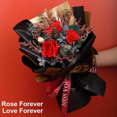 China Preserved Floral Rosy Flower Roses Posy Wapping Paper Gift Infinity Rose Big Present Bunch Eternal Roses Preserved Forever Bouquet Flowers for sale