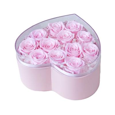 China Floral Transparent Preserved Acrylic Rose Heart Shape HeartAcrylicArrangement-12-Rose Flower Box High Quality Clear Acrylics Roses for sale