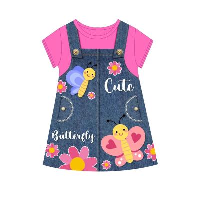 China Anti-wrinkle Caluby brand summer short sleeve nightgown for girls 3-8 years old, cotton skirt, denim print series cartoon style for sale