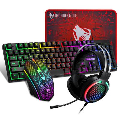 China RGB Game Lighting T-wolf TF 400 4 in 1 Four-piece Game Glow Gaming Keyboard Mouse Headset Computer Accessories Set with Mousepad for sale